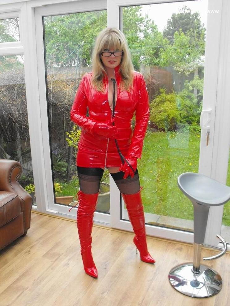 12P Kinky british fetish wife in red latex outfit and stockings