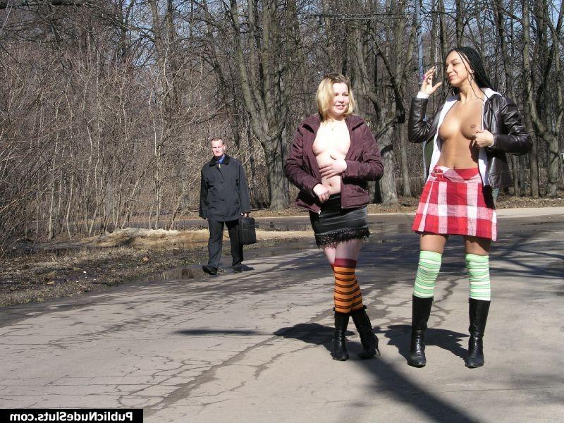 15P Bold couple of flashers showing off their tits and pussies in public