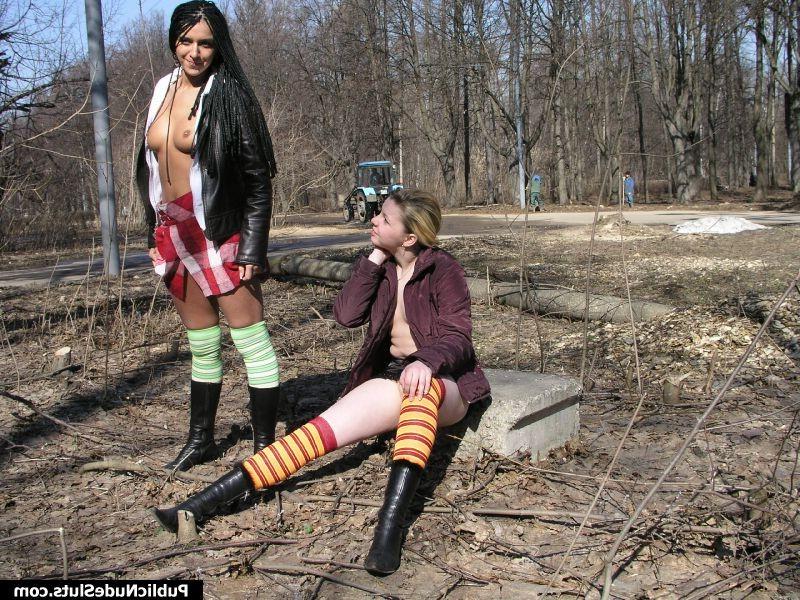 15P Bold couple of flashers showing off their tits and pussies in public