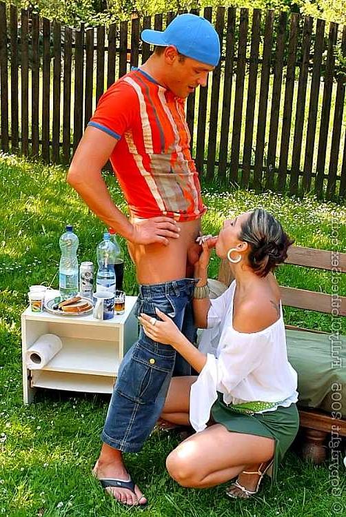 20P Clothed girls fuck half naked men in the garden