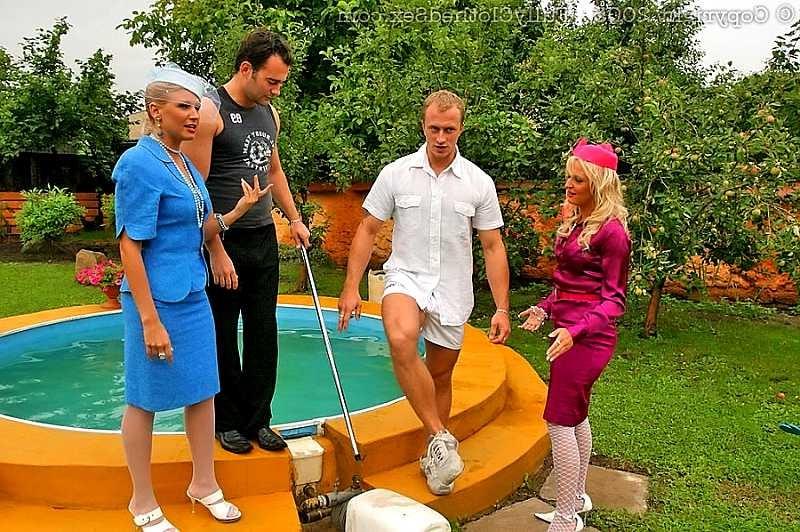 20P Two clothed blondes get fucked hard in the garden 
