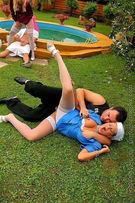 20P Two clothed blondes get fucked hard in the garden 