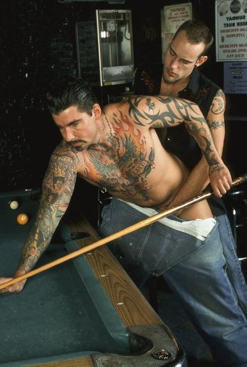 20P Tattooed muscle bears sucking and fucking in a billiard parlour