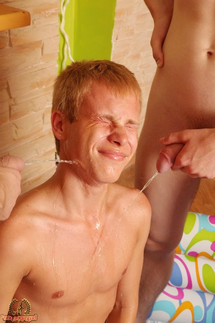 15P Blond twink getting pissed on by two friends
