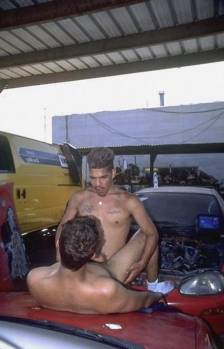 20P Amateur latino fellows rimming and pounding on a parking bay