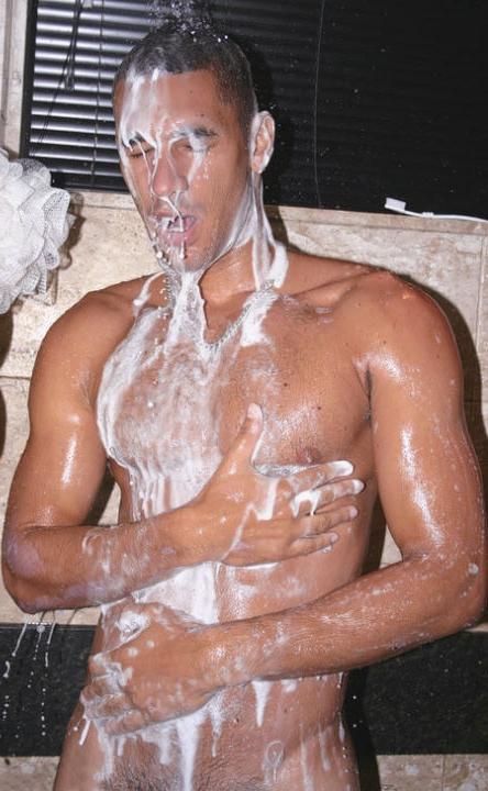 20P Muscle latin dude showering and jerking and cumming on himself