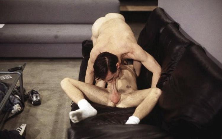 19P Two gorgeous studs big cock sucking and riding on a black sofa