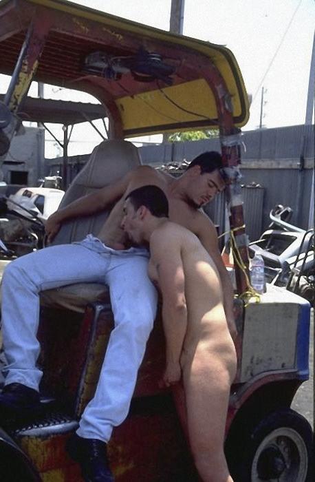 20P Two cute hunks enjoy mutual sucking and fucking on an auto dump