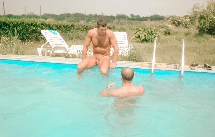 20P Tanned muscle fellows sucking and fucking in and by the pool