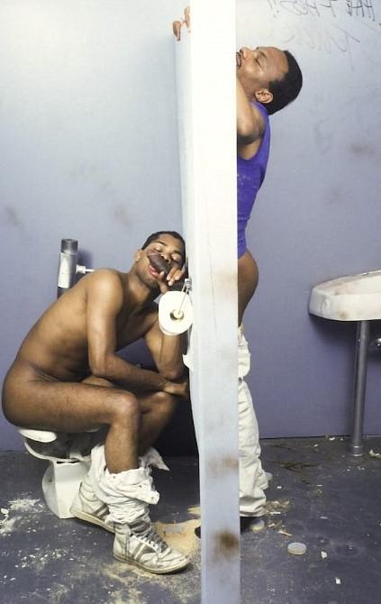 20P Black twinks enjoy glory hole sucking and fucking in a toilet