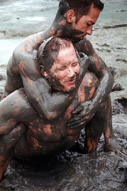 19P Two muscle dudes outdoor wrestling and pounding in the dirt