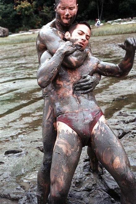19P Two muscle dudes outdoor wrestling and pounding in the dirt