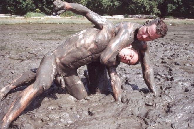 19P Two muscle dudes outdoor wrestling and pounding in the dirt
