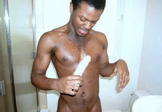 20P Ebony dude with huge cock self dildoing after taking a shower