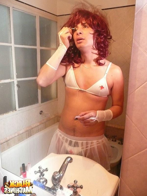 16P Cute gay lad in sexy wig and nurse outfit takes good care of three large ebony c