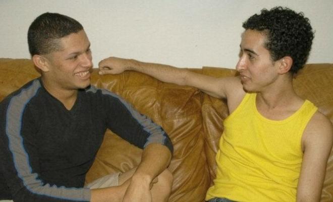20P Two latino college twinks enjoy screwing on a leather sofa