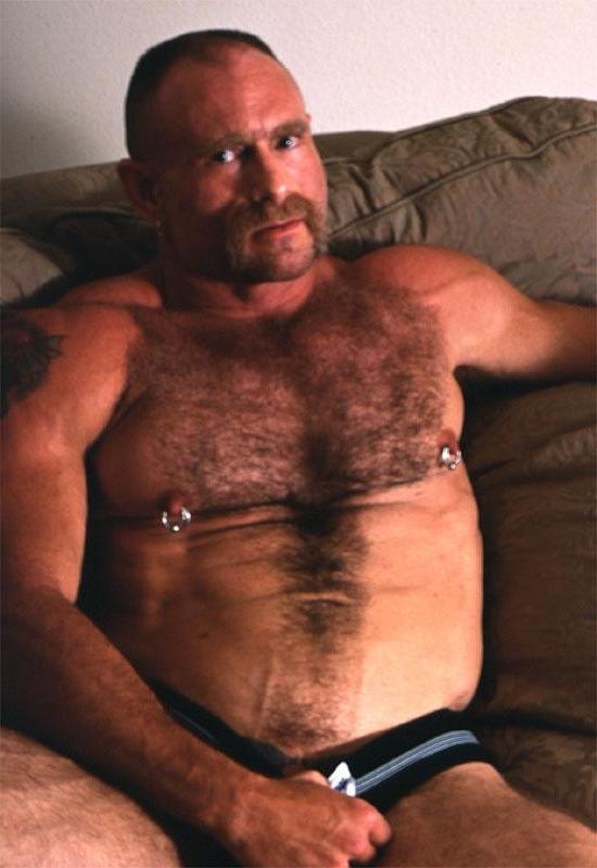 20P Naked hairy gay flashing and playing with his pierced cock