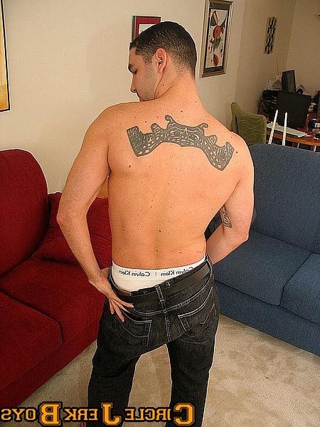 14P Hunk with a tat on his back in his bike shorts