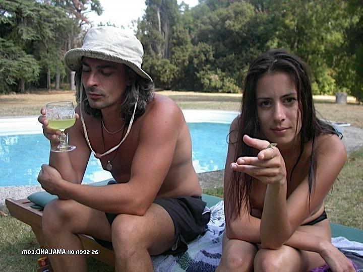 10P Collection of a Spanish GF posing topless by the poolside