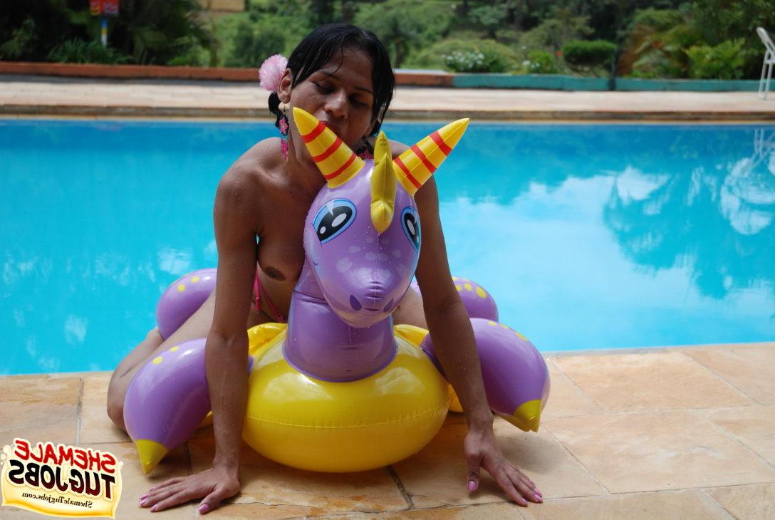11P Sexy shemale playing with her cock poolside!