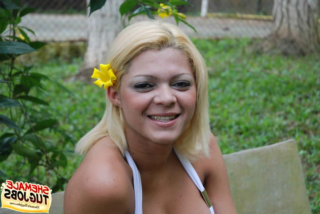 11P Cute blonde ladyboy with amazing big boobs playing with her cock