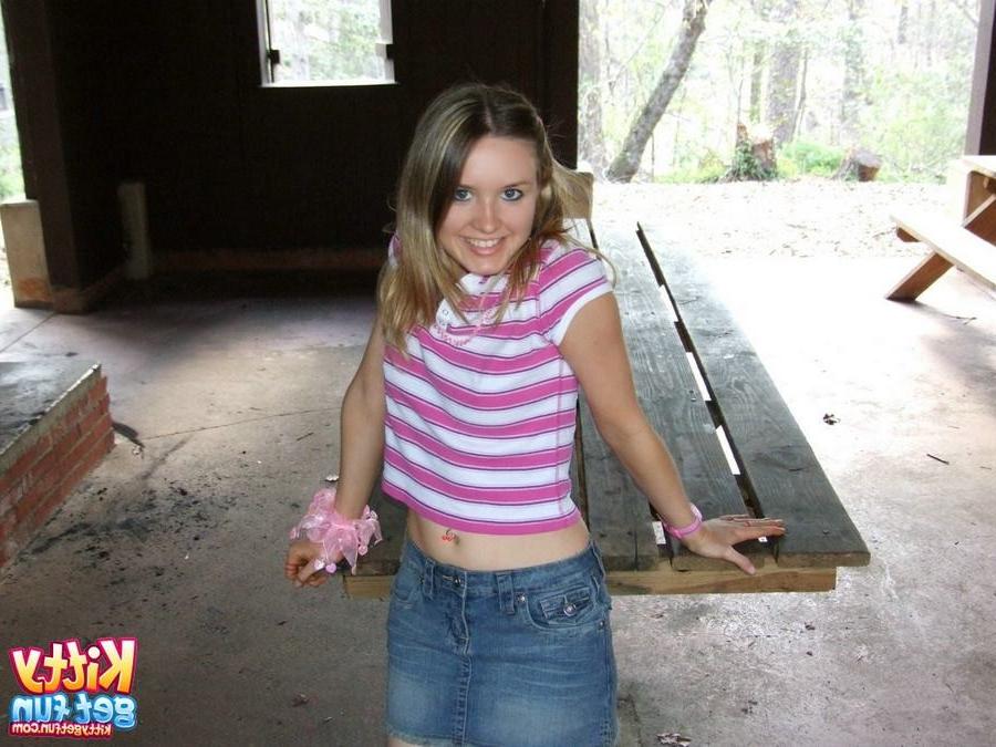 15P Perky teen Kitty Karsen flashes tiny tits outdoors