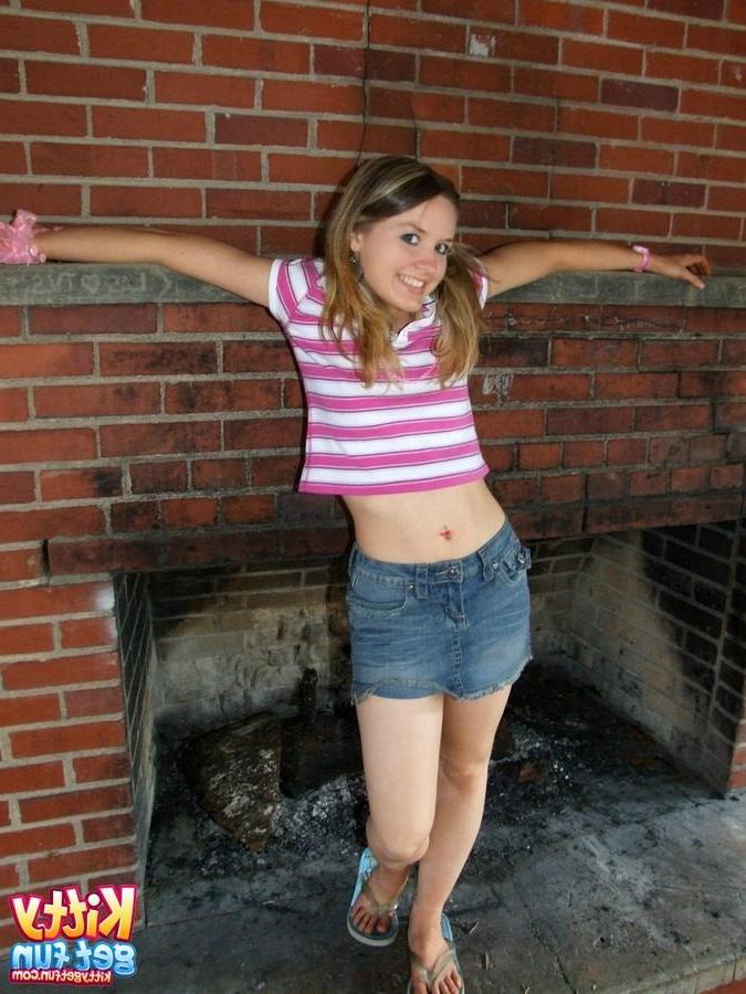 15P Perky teen Kitty Karsen flashes tiny tits outdoors