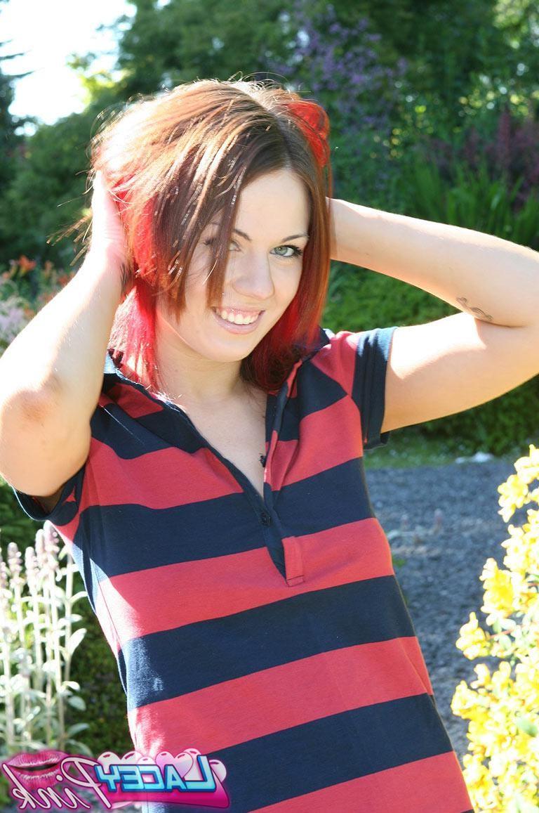 18P Redhead teen flashing her perky tits at playground