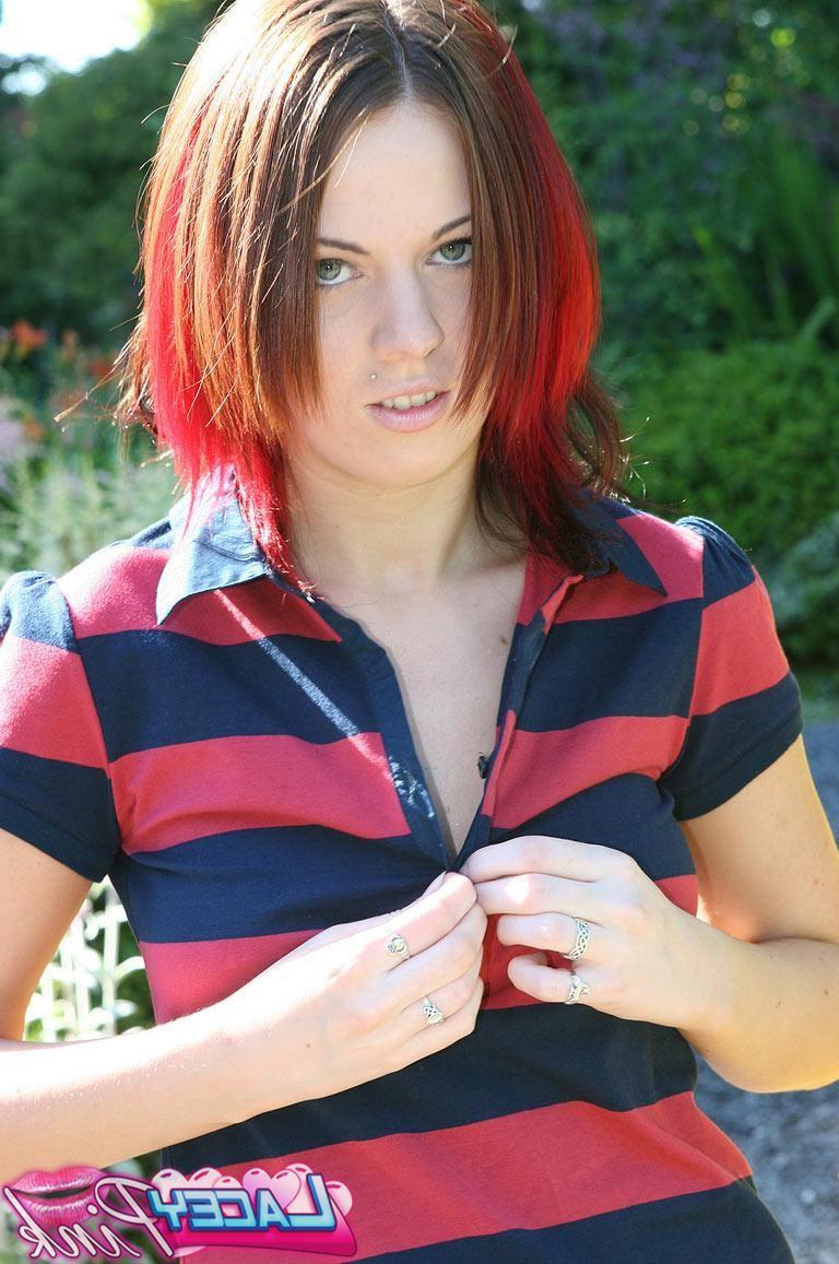 18P Redhead teen flashing her perky tits at playground