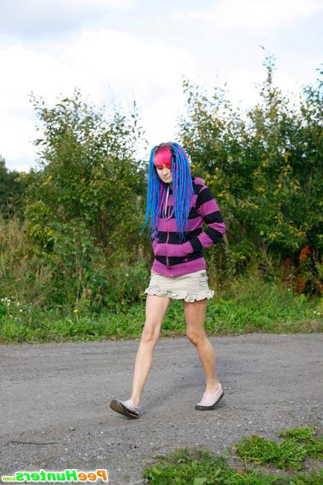 16P Naughty teen with a pink and blue hair caught peeing