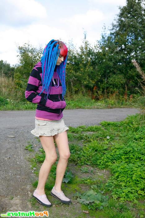 16P Naughty teen with a pink and blue hair caught peeing