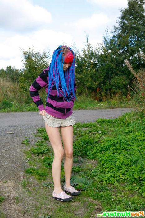 16P Naughty teen with a pink and blue hair caught peeing