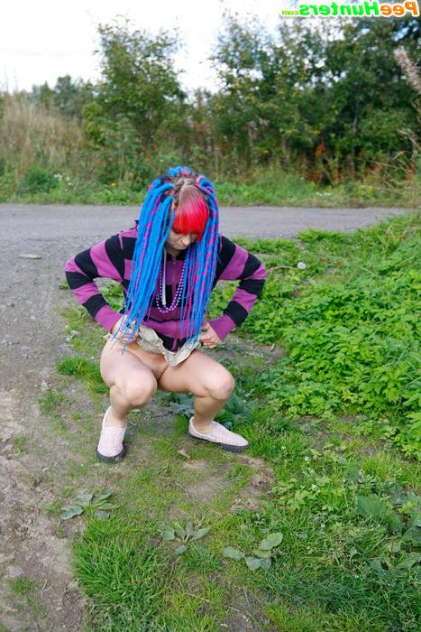 16P Naughty teen with a pink and blue hair caught peeing