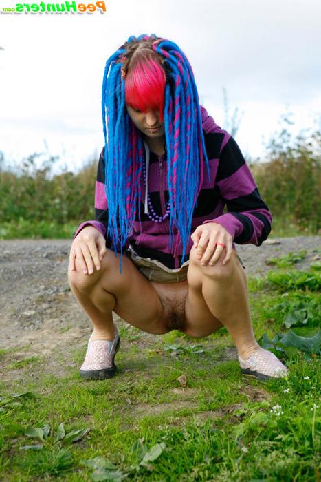 16P Naughty teen with a pink and blue hair caught peeing