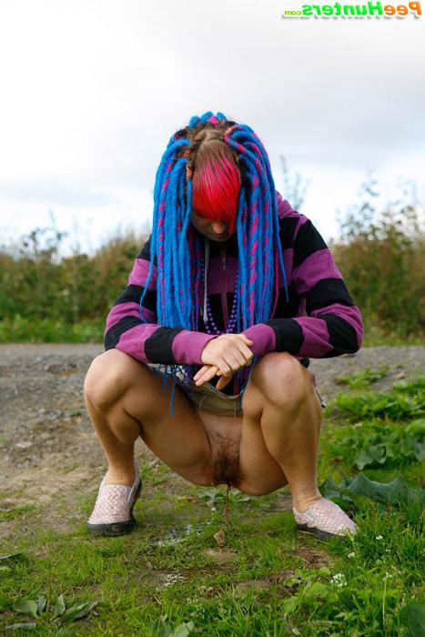 16P Naughty teen with a pink and blue hair caught peeing