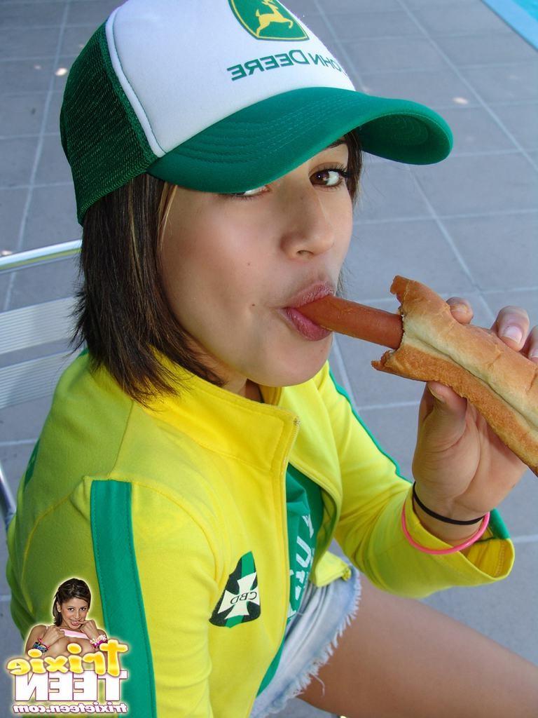15P Cute eighteen year old with small perky tits eats frankfurter