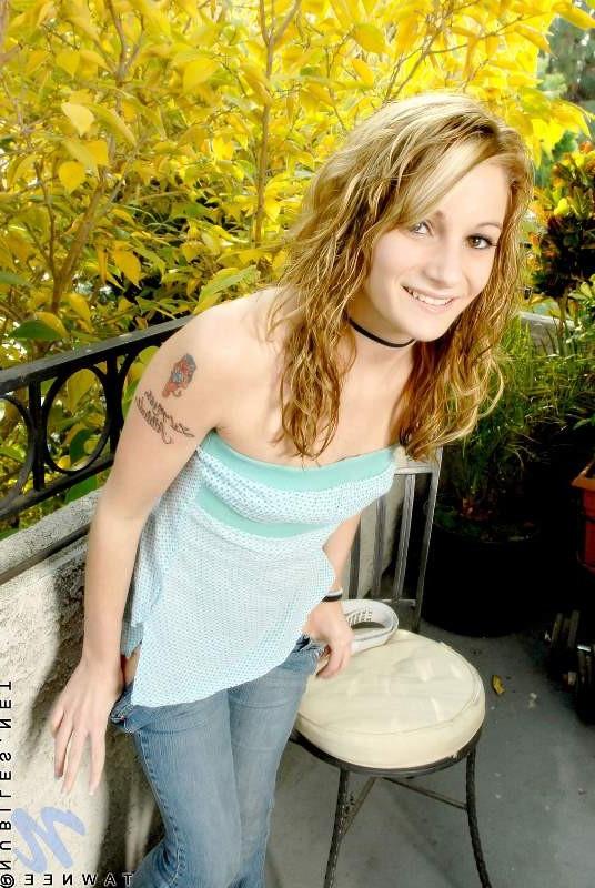 18P Petite and very sexy blonde babe with small tits strips outdoor