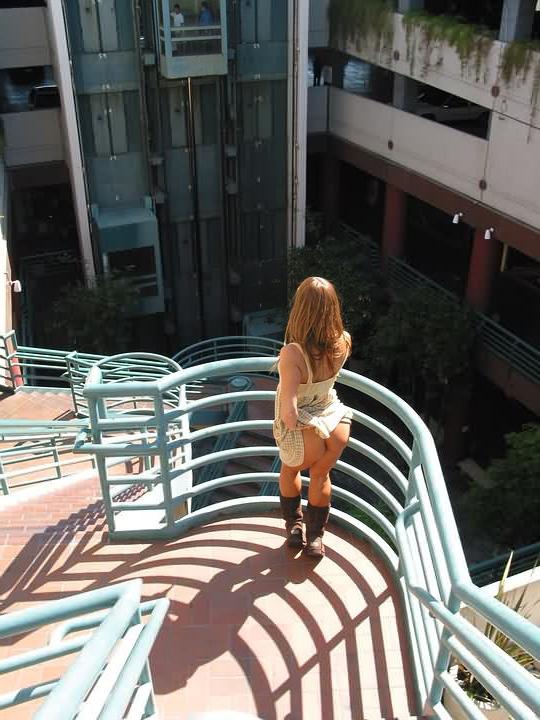 16P Cute Brunette Upskirt  Ass Flasher Gets Naked in Glass Elevator