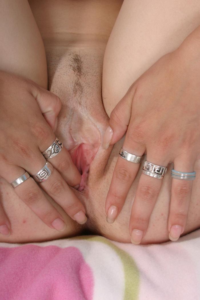 16P Cute teen spreading and fingering shaved pussy before masturbating with dildo