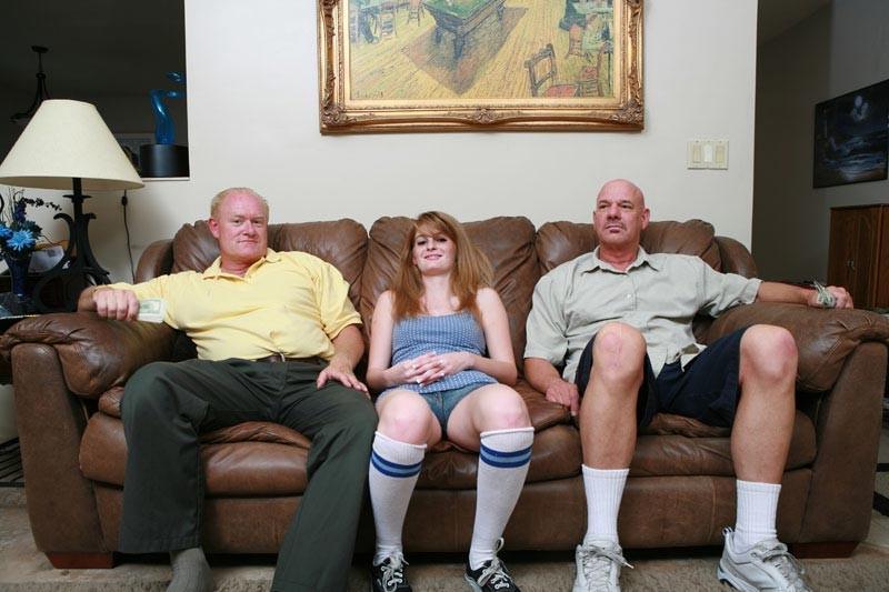 15P Perky tits redhead teen threesome hardcore sex w/ old guys