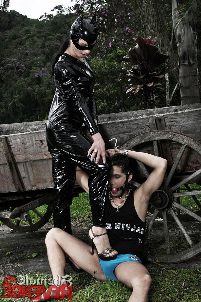 15P Catsuit shemale mistress abuses her slave boy
