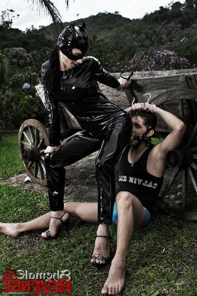 15P Catsuit shemale mistress abuses her slave boy