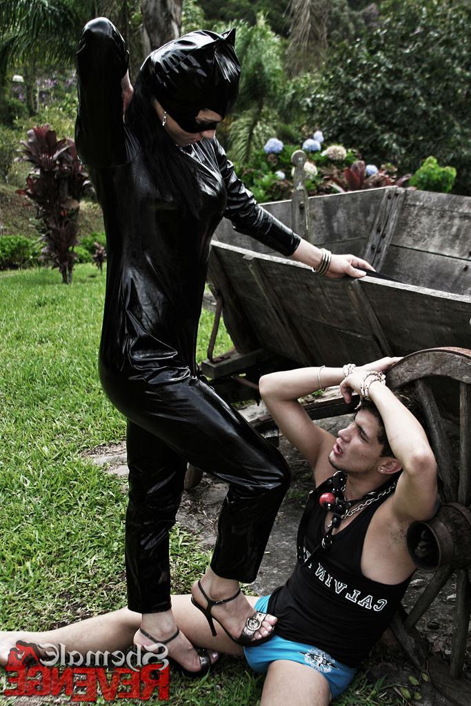 15P Catsuit shemale mistress abuses her slave boy