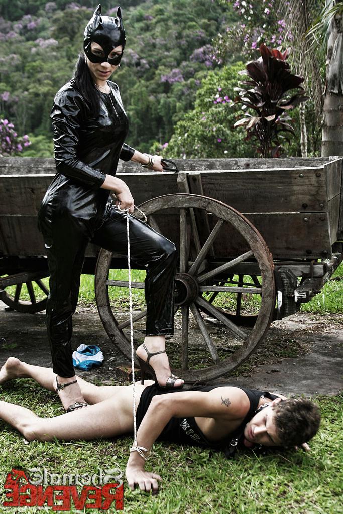15P Catsuit shemale mistress abuses her slave boy