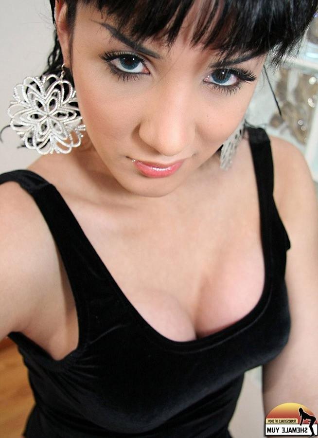 15P Well Hung Brunette American Shemale Jerking Her Cock