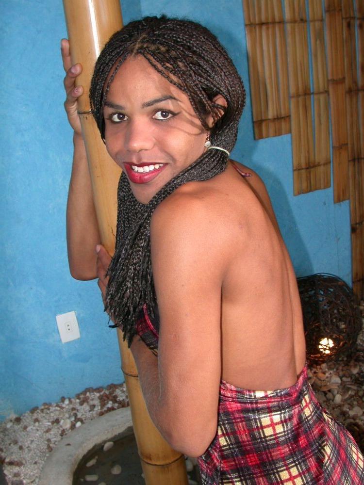 16P Tiny Tit Ebony Shemale With Braided Hair Shows Off Cock