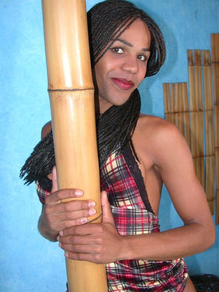 16P Tiny Tit Ebony Shemale With Braided Hair Shows Off Cock