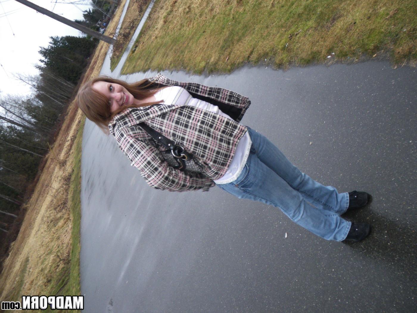 14P Redhead amateur sucks her BF's gun outside, then plays with a real one.