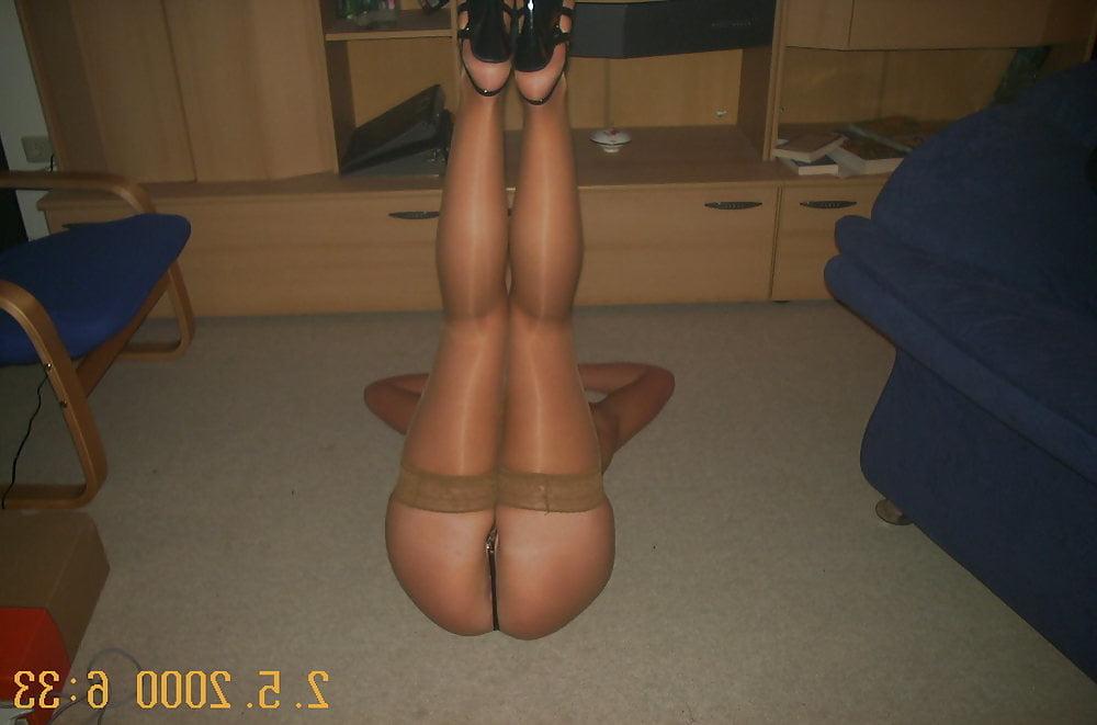 16P Hot Wife In Tan Stockings And Black Platform High Heels 2