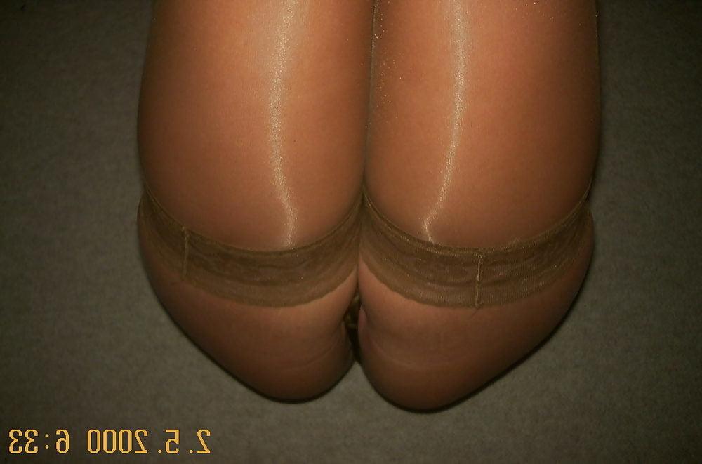 16P Hot Wife In Tan Stockings And Black Platform High Heels 2